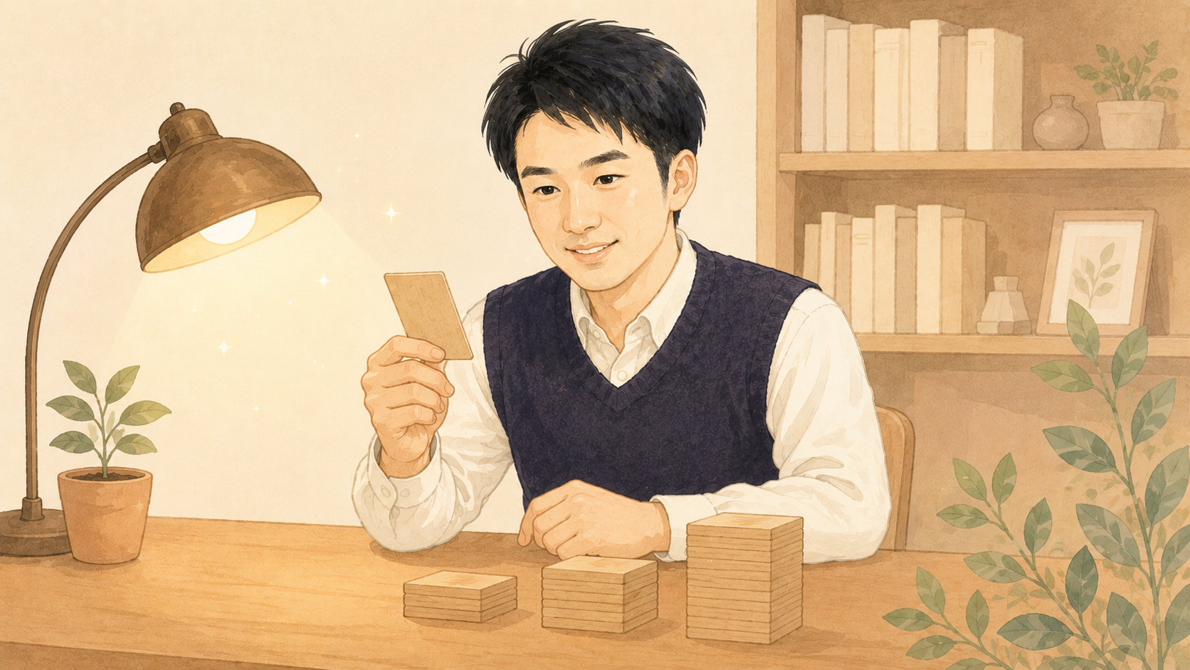木製の机でストック候補のカードを1枚1枚吟味する父親のフラットイラスト。ランキングではなく基準で選ぶ姿勢の象徴