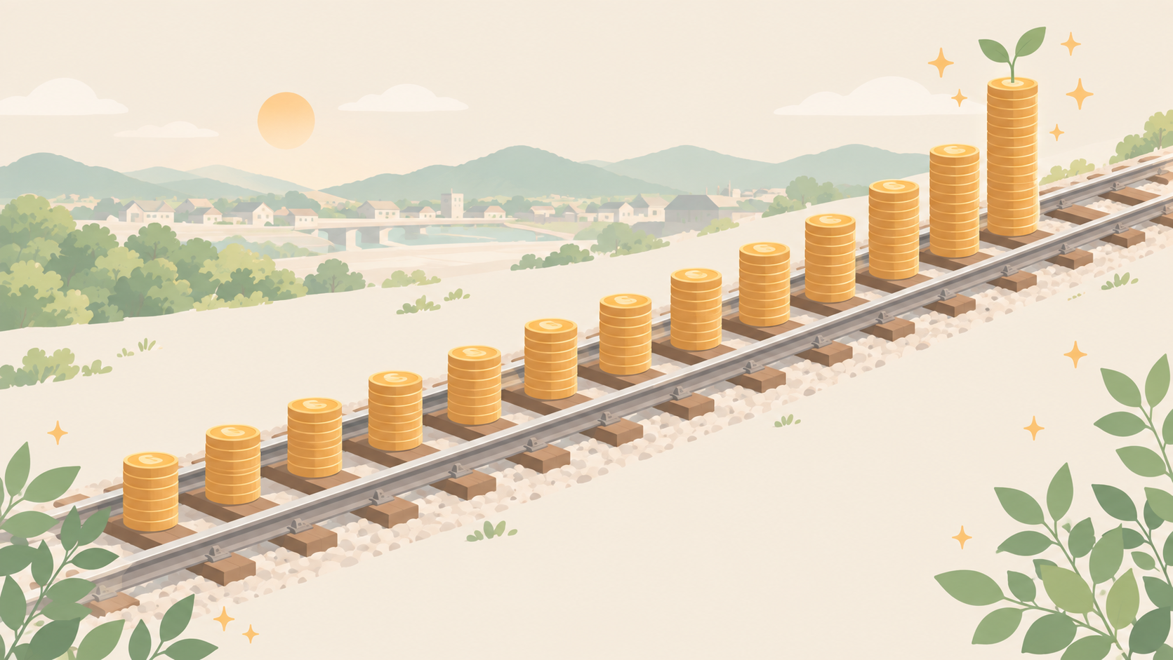 線路の枕木に沿ってコインが一段ずつ高く積み上がっていくイラスト。減らさずに増やしてきた第一建設工業の配当のイメージ