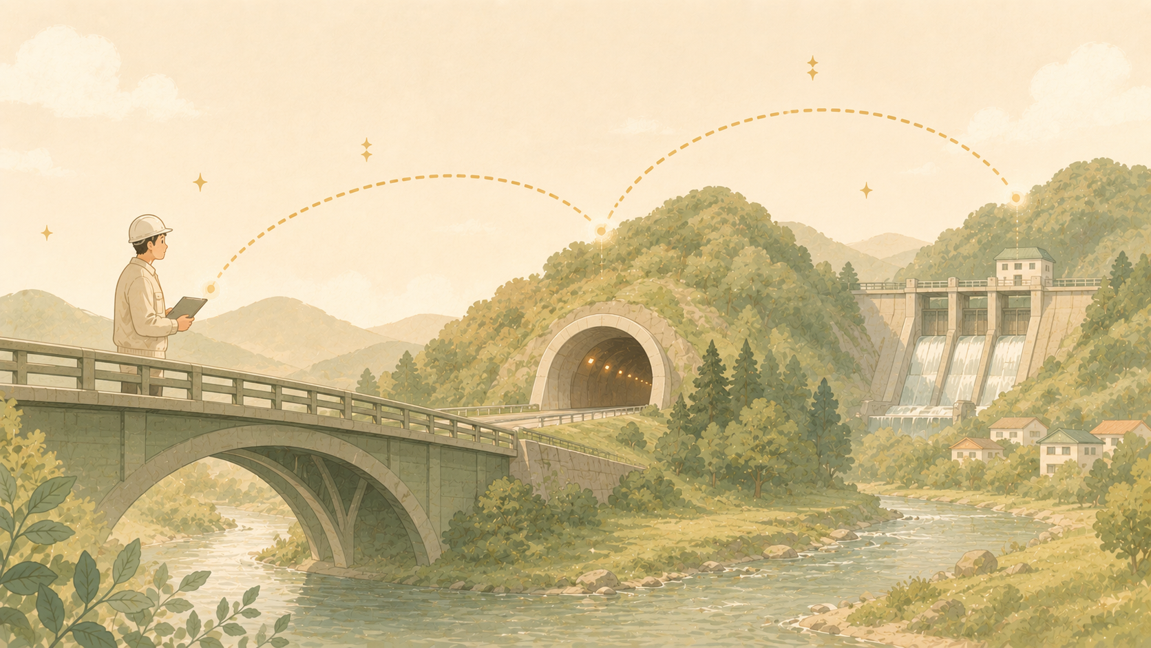 橋や道路など公共インフラを設計・点検するイラスト。建設コンサルタントの仕事をイメージ