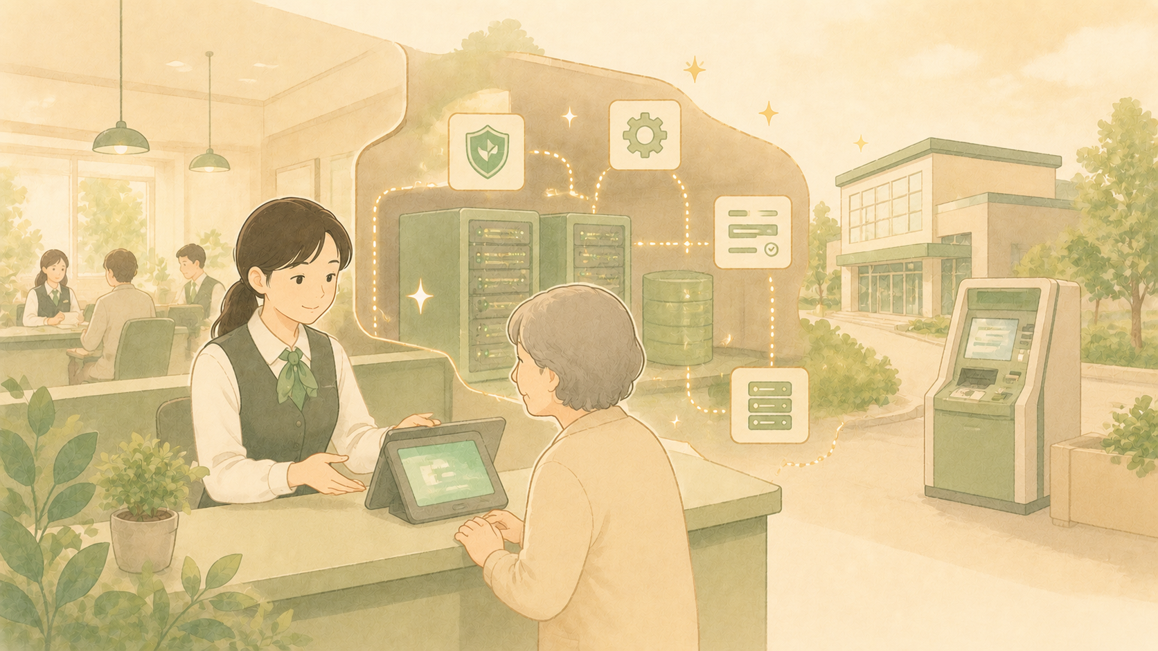 地方銀行の窓口端末・コンタクトセンターを支える業務システムのイラスト。アイティフォーの主力事業をイメージ