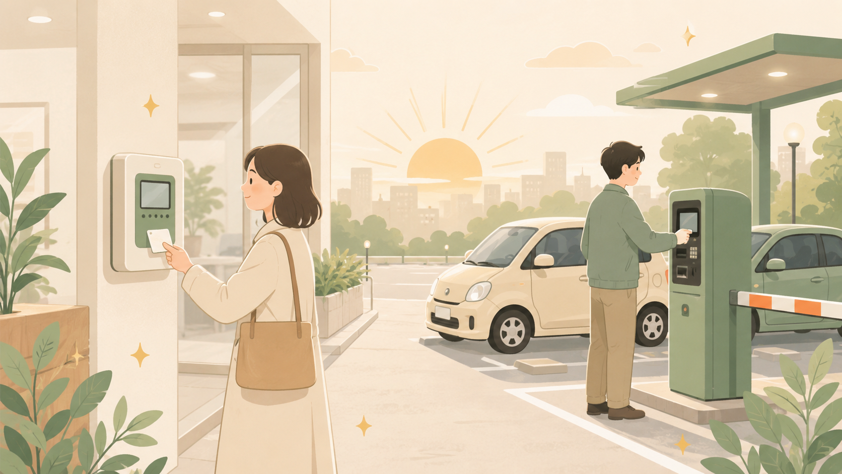タイムレコーダーと駐車場管理システムのイラスト。アマノの2大事業をイメージ