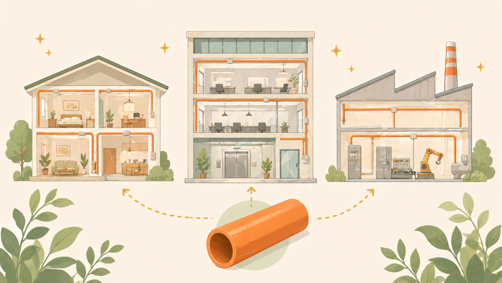 住宅・オフィス・工場の建設で電線管が使われる様子を示す図解イラスト。未来工業のニッチ独占をイメージ