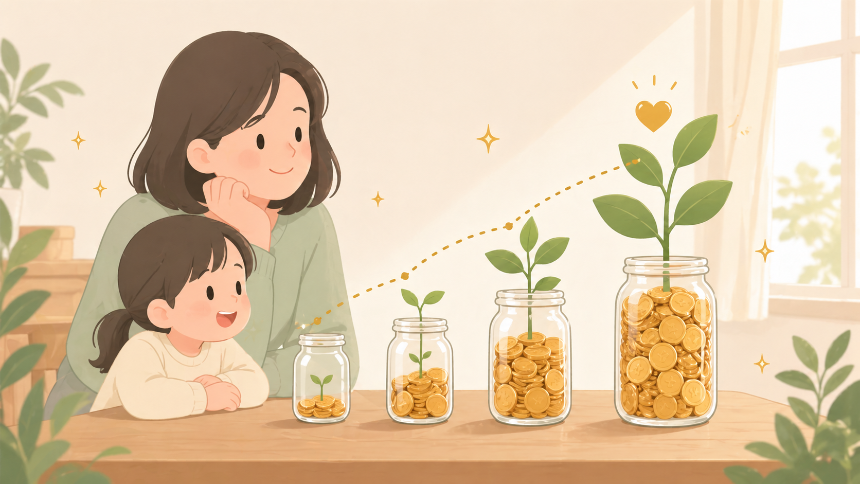 コインが積み重なっていくイラスト。2024年3月期の 3 倍増配を含む未来工業の配当成長イメージ