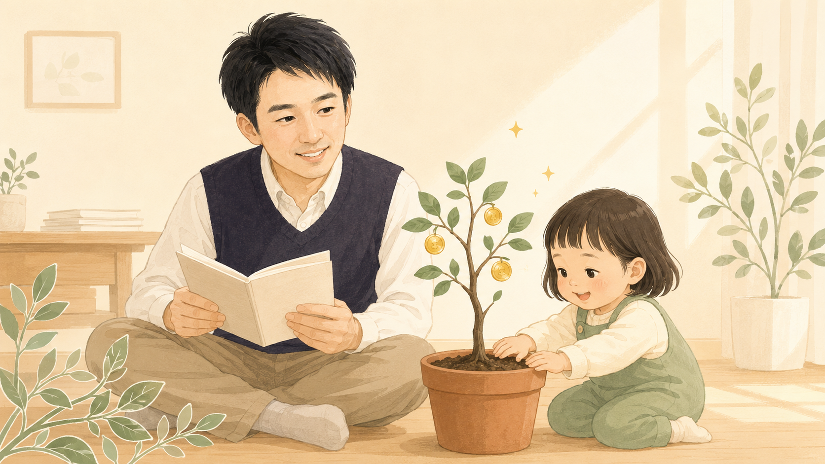 父が娘のそばで投資記録をつけながら、小さな鉢植えの木を一緒に育てているイラスト
